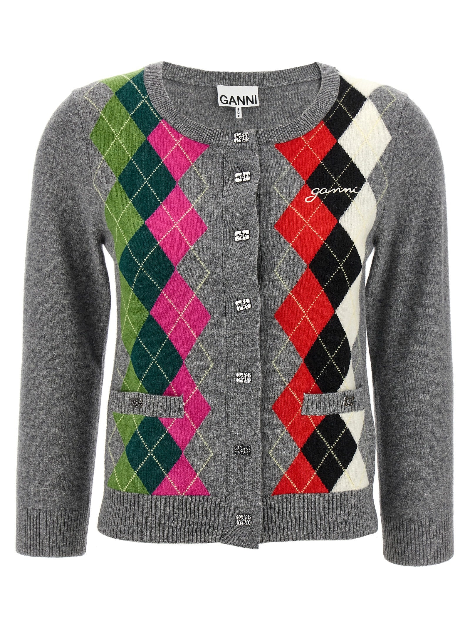 Gray Merino Wool and Cashmere Check Cardigan