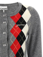 Gray Merino Wool and Cashmere Check Cardigan