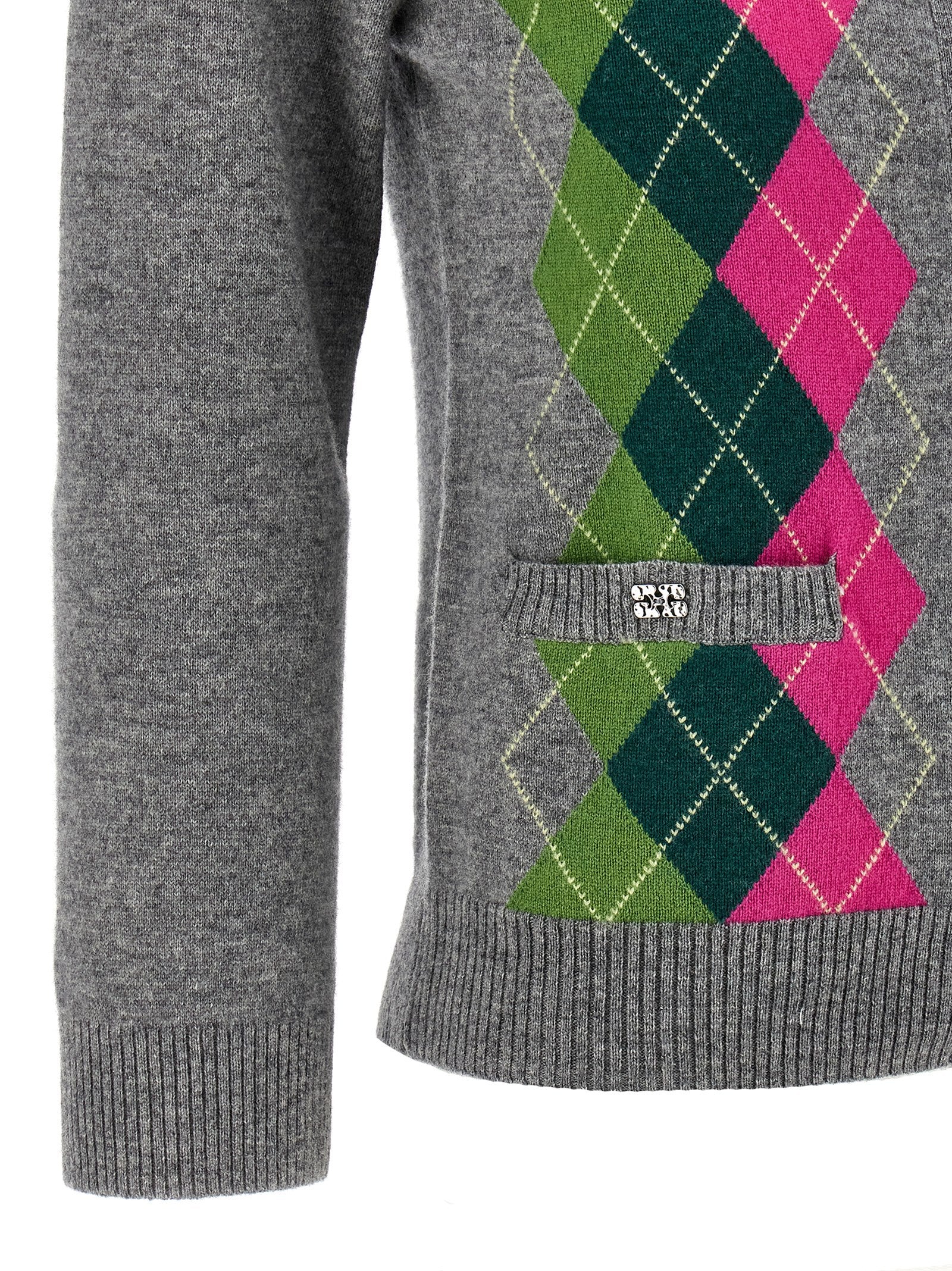 Gray Merino Wool and Cashmere Check Cardigan