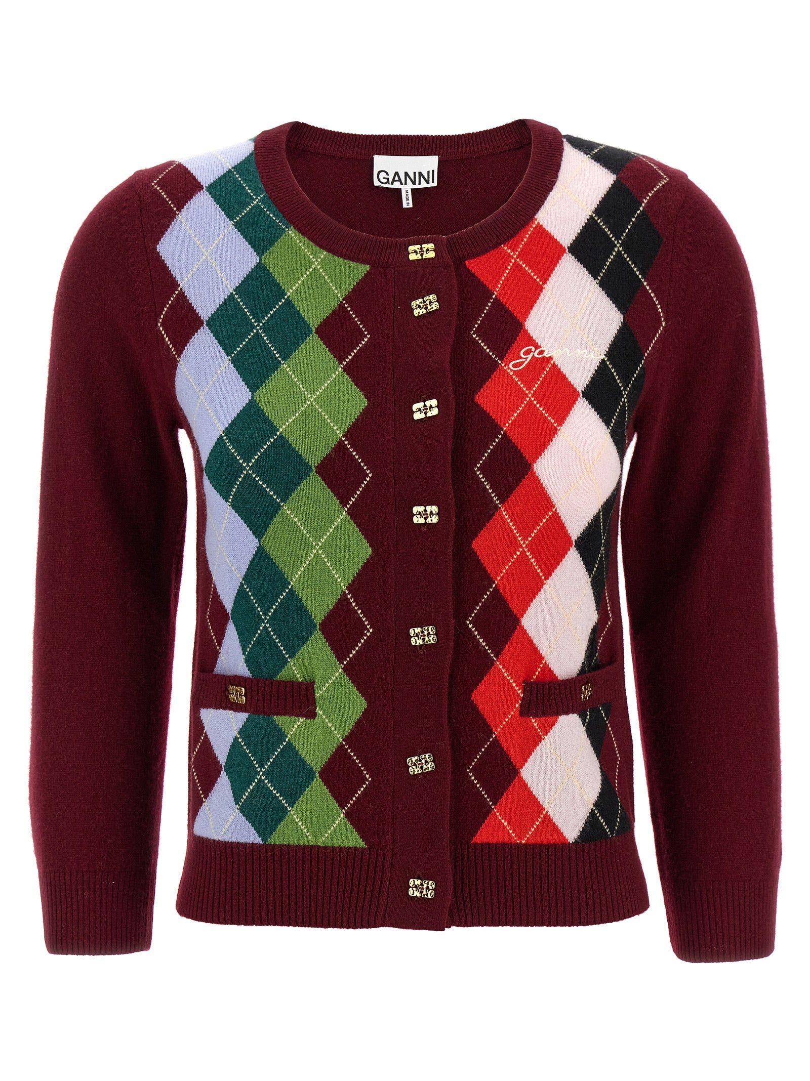 Bordeaux Merino Wool And Cashmere Argyle Cardigan