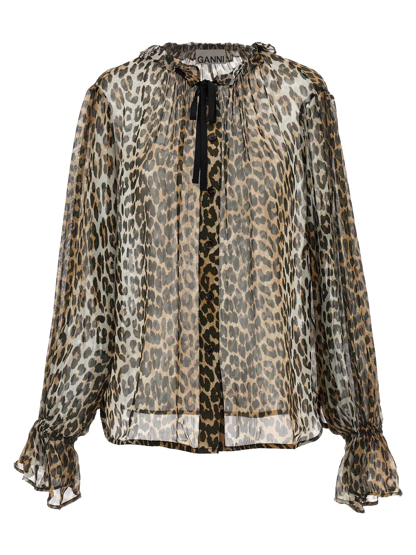 Leopard Print Viscose Chiffon Tie-String Blouse