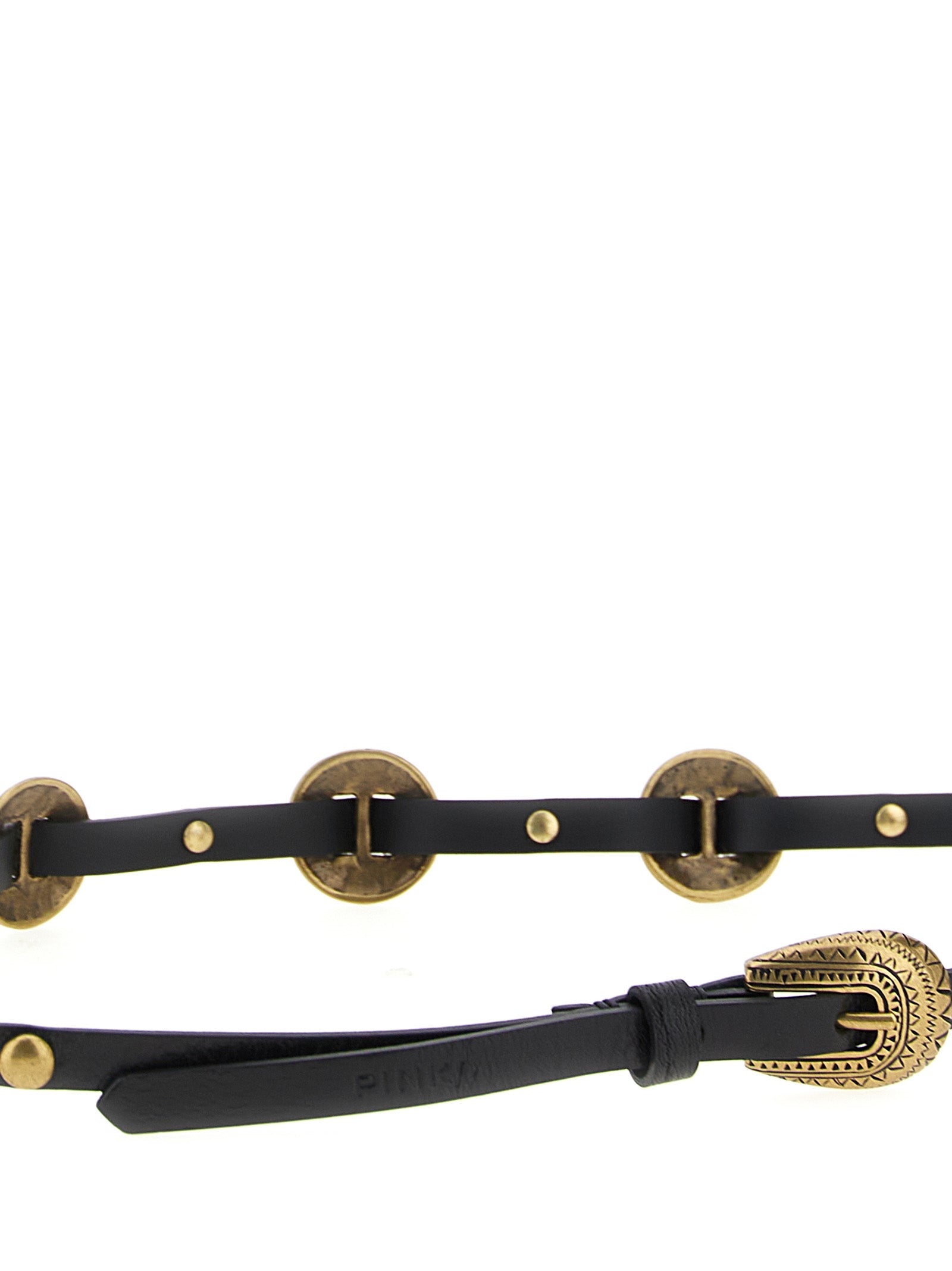 Thin Calfskin Leather Belt with Vintage Brass Plaques