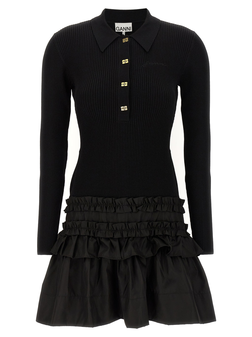 Melange Rib Knit Viscose Polo Mini Dress
