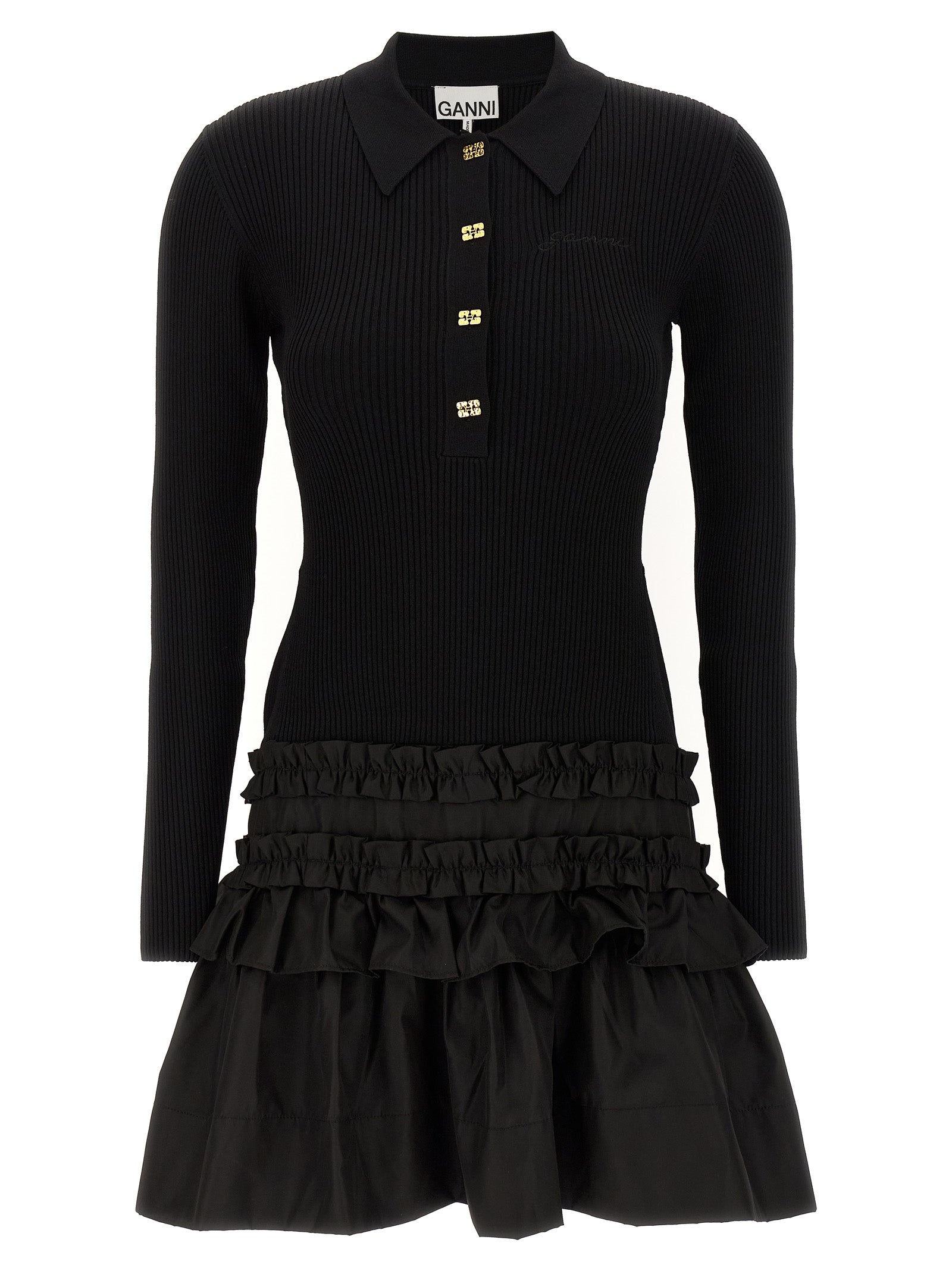 Melange Rib Knit Viscose Polo Mini Dress