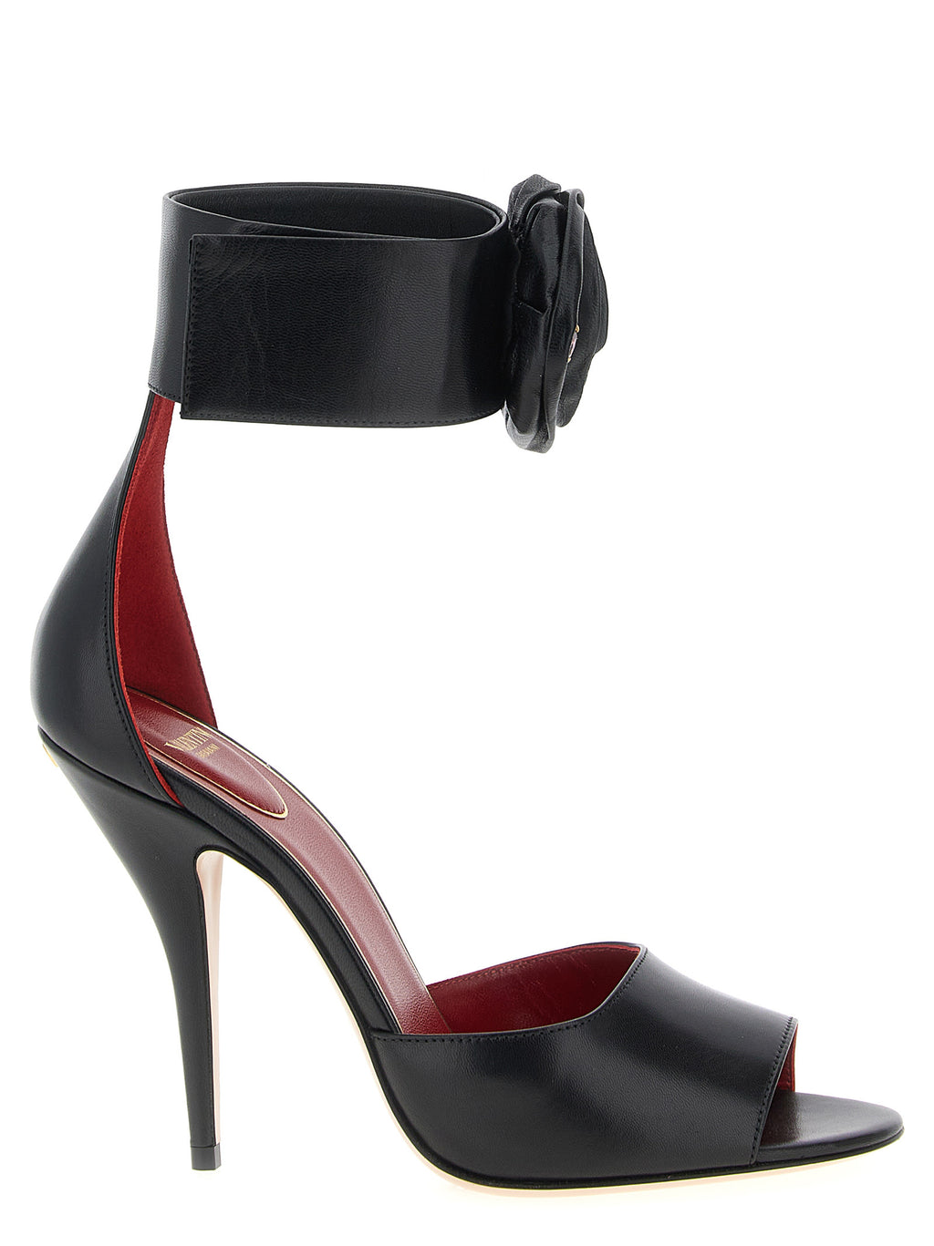 Black Calfskin Drip Rose Stiletto Heel Sandals