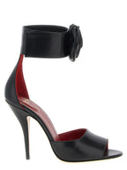Black Calfskin Drip Rose Stiletto Heel Sandals
