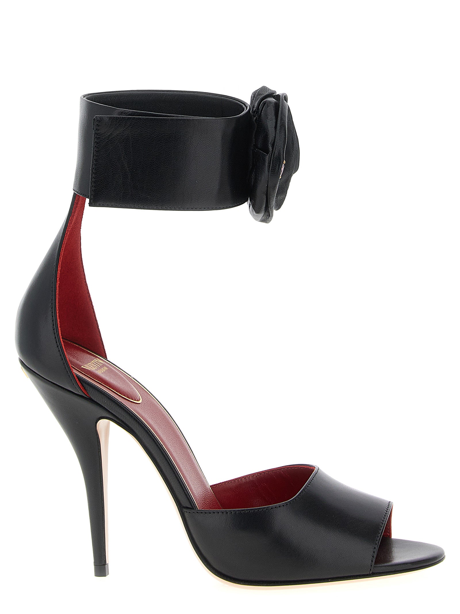 Black Calfskin Drip Rose Stiletto Heel Sandals