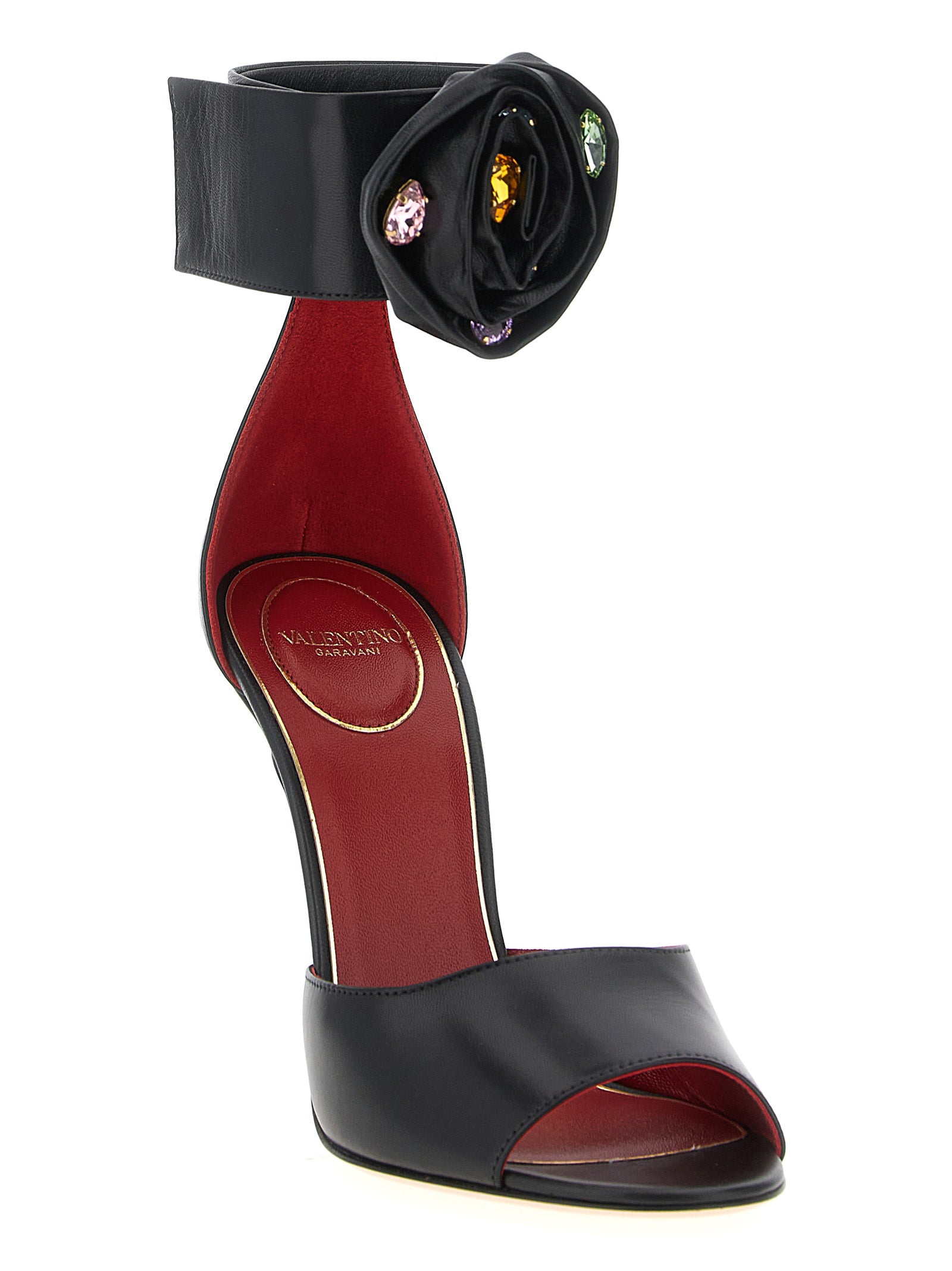 Black Calfskin Drip Rose Stiletto Heel Sandals