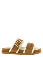 Beige Calfskin Slides with FF Baguette Buckle