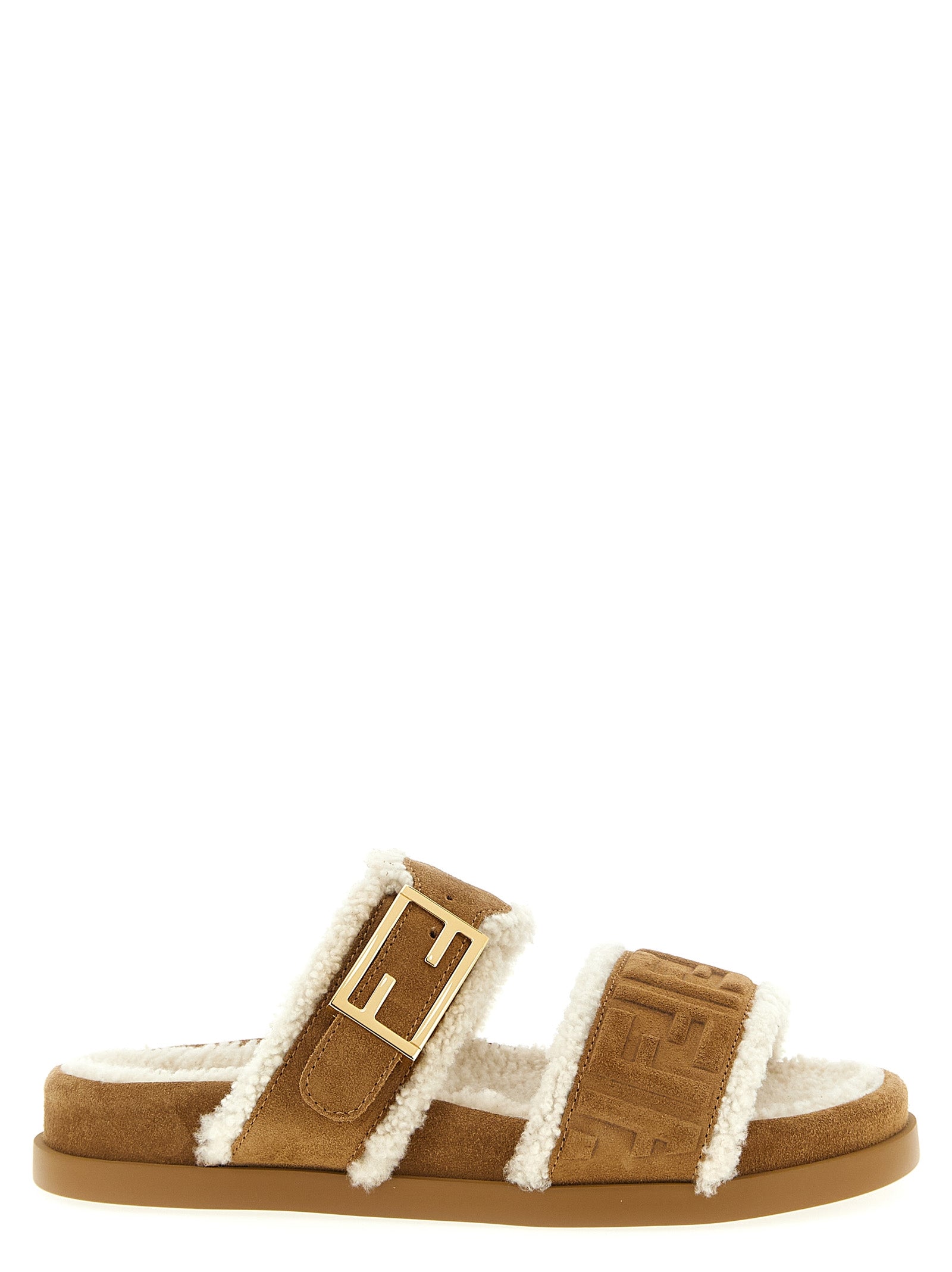 Beige Calfskin Slides with FF Baguette Buckle