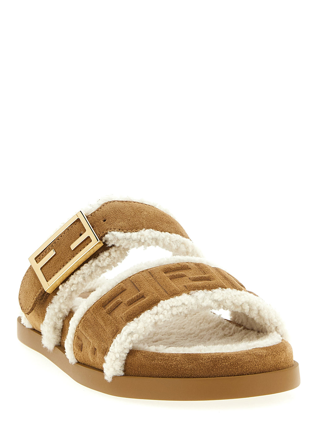 Beige Calfskin Slides with FF Baguette Buckle