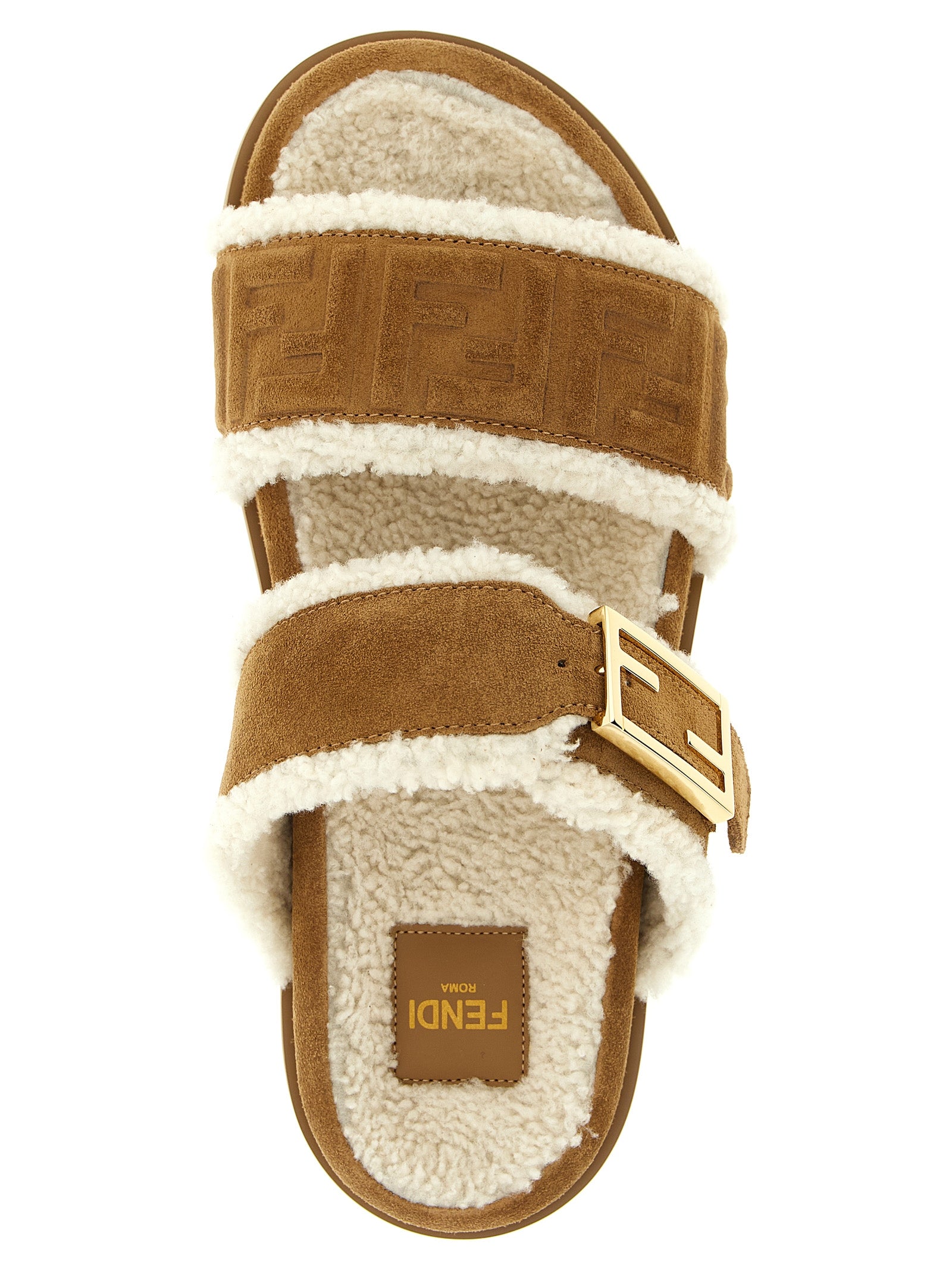 Beige Calfskin Slides with FF Baguette Buckle