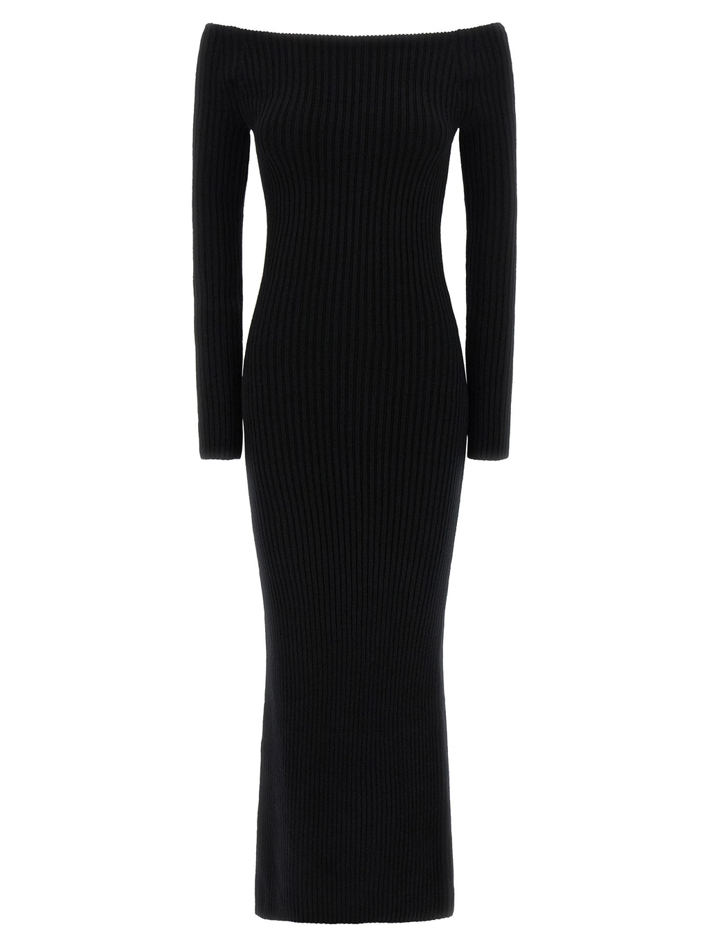 Ribbed Stretch Wool‑Cashmere Off‑the‑Shoulder Long Dress