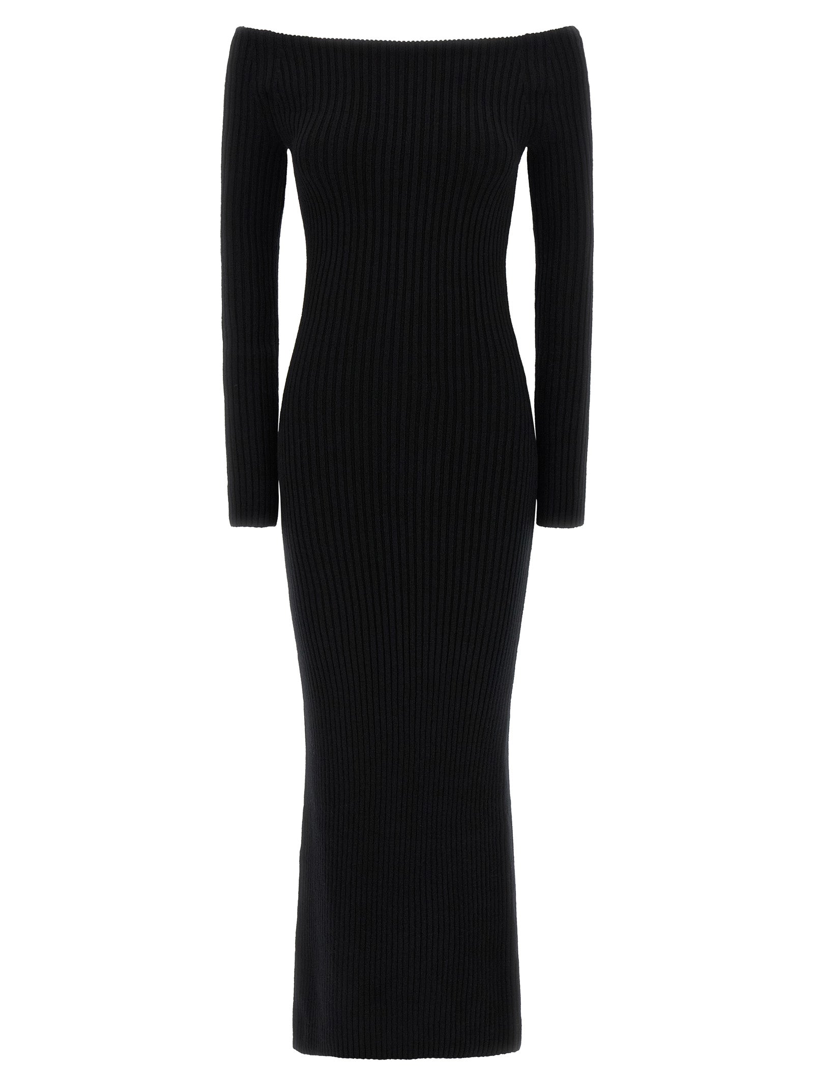 Ribbed Stretch Wool‑Cashmere Off‑the‑Shoulder Long Dress