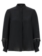 Black Linen Mandarin Collar Blouse