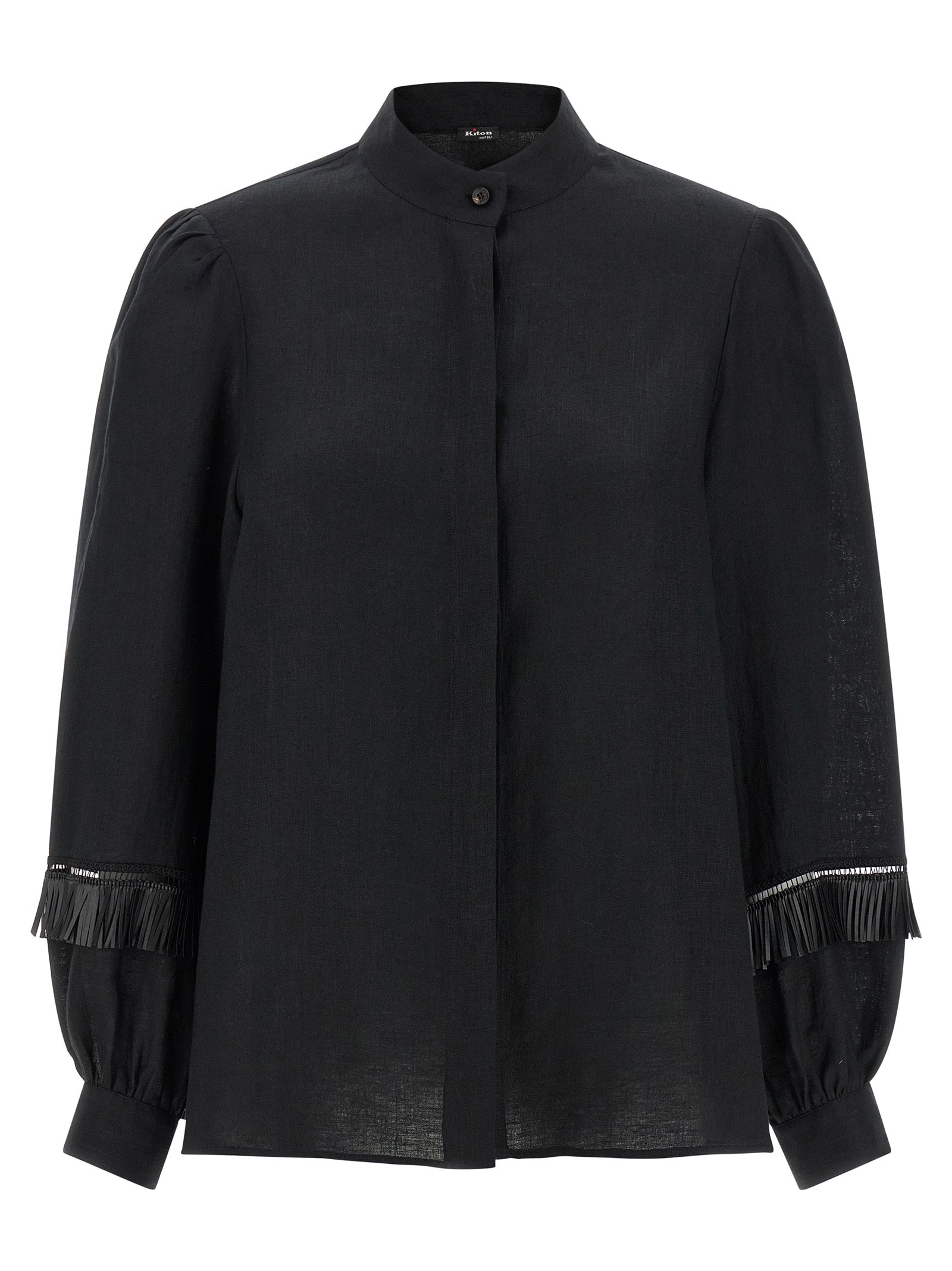 Black Linen Mandarin Collar Blouse