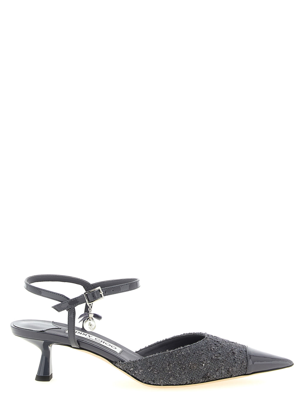 Gray Patent Leather & Lamé Slingback Mid Heel Pumps