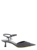 Gray Patent Leather & Lamé Slingback Mid Heel Pumps