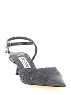 Gray Patent Leather & Lamé Slingback Mid Heel Pumps