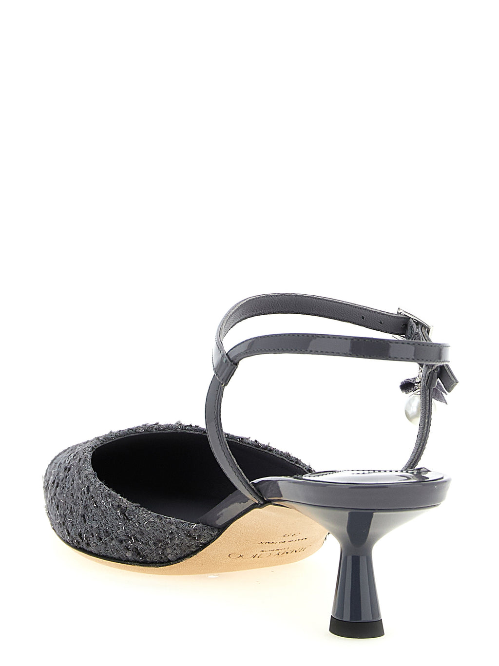 Gray Patent Leather & Lamé Slingback Mid Heel Pumps