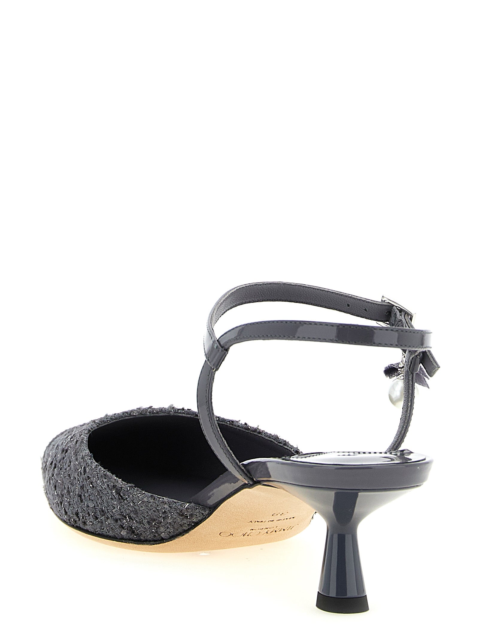 Gray Patent Leather & Lamé Slingback Mid Heel Pumps