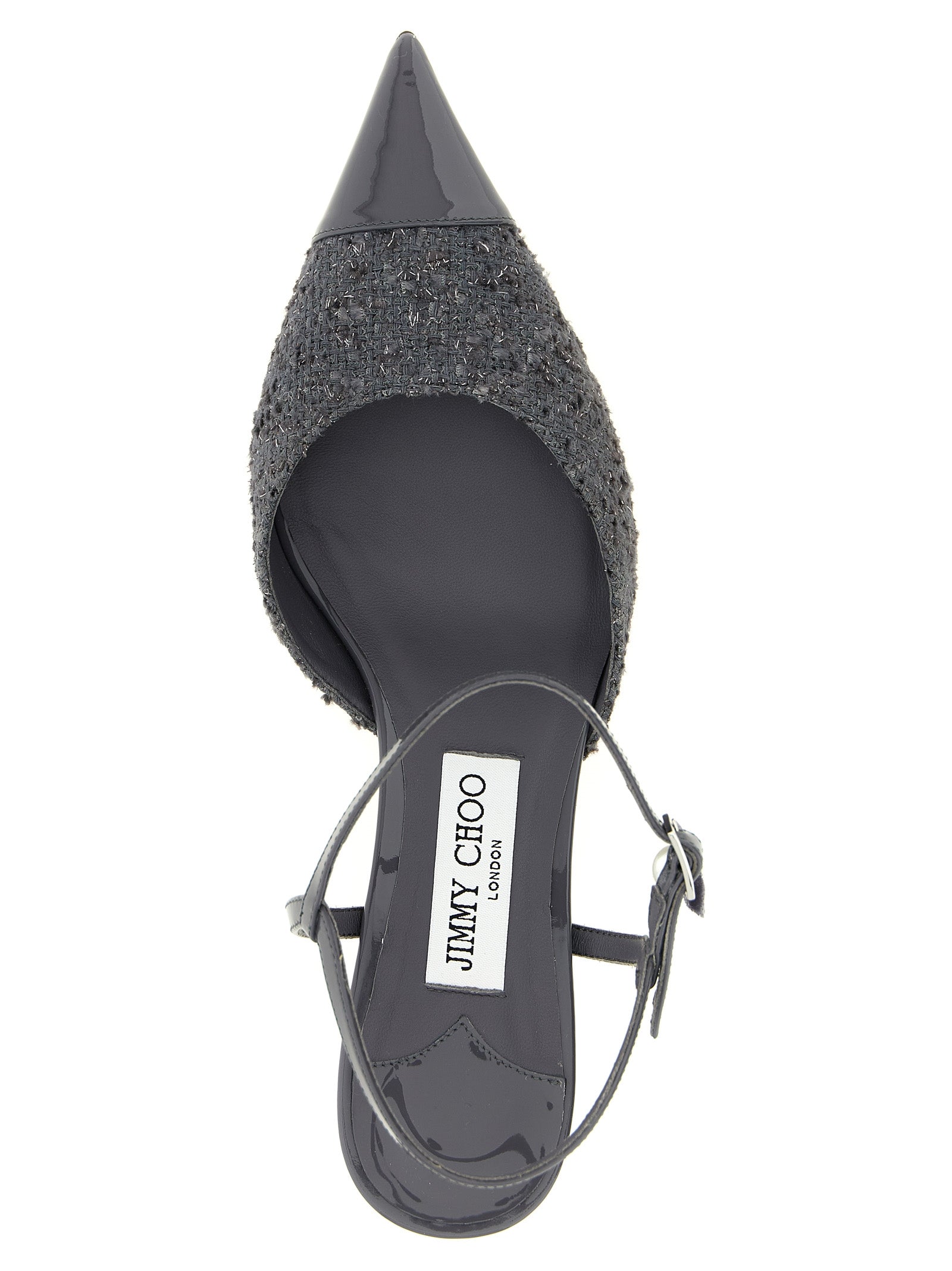 Gray Patent Leather & Lamé Slingback Mid Heel Pumps