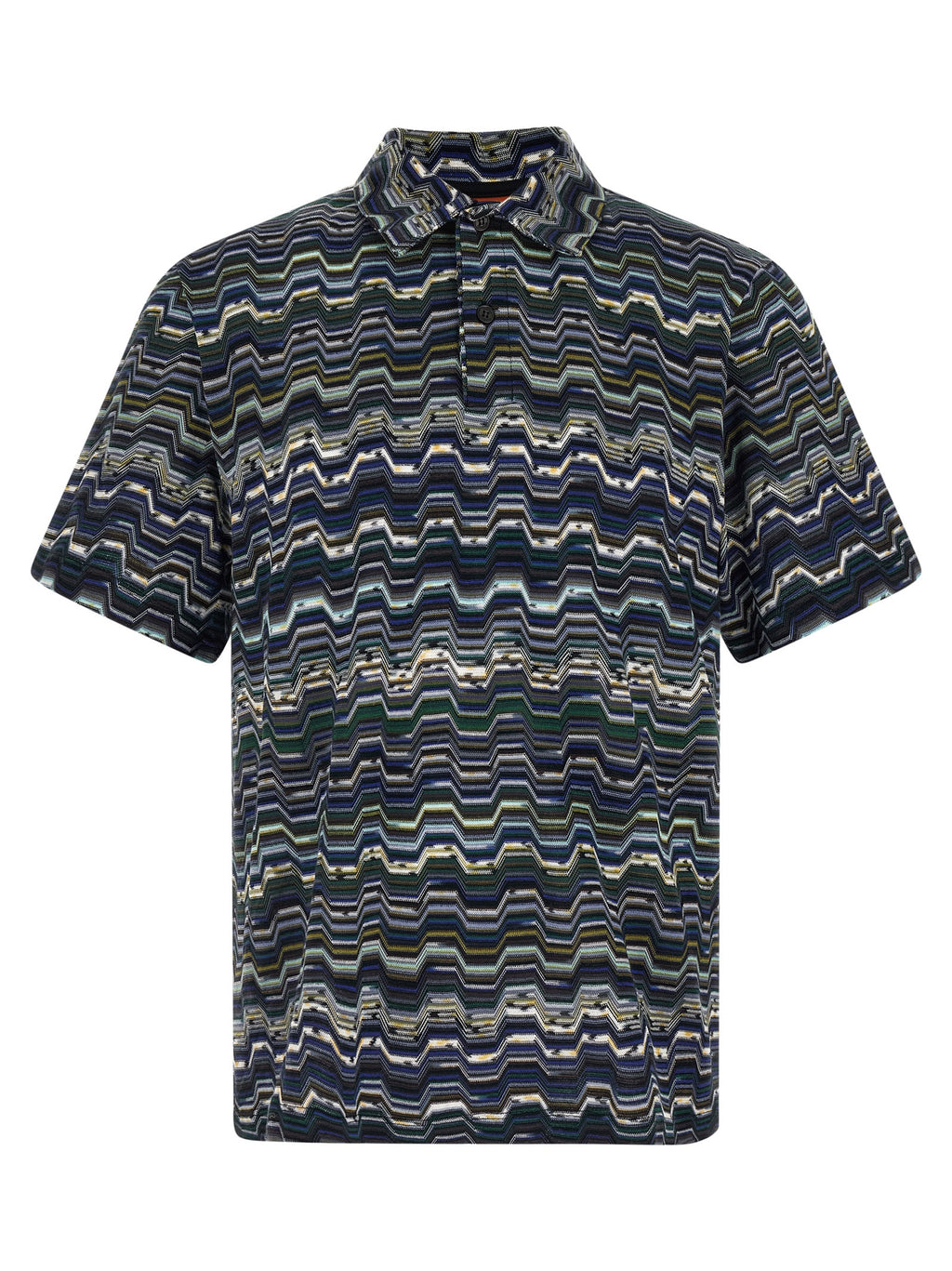 Blue Cotton Zig-Zag Knit Polo Shirt