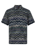 Blue Cotton Zig-Zag Knit Polo Shirt