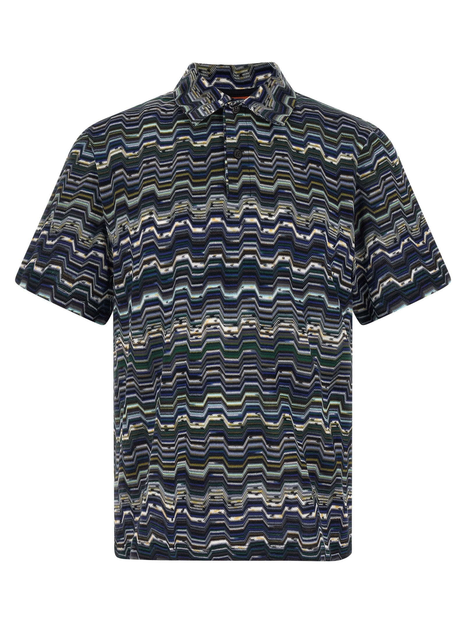 Blue Cotton Zig-Zag Knit Polo Shirt