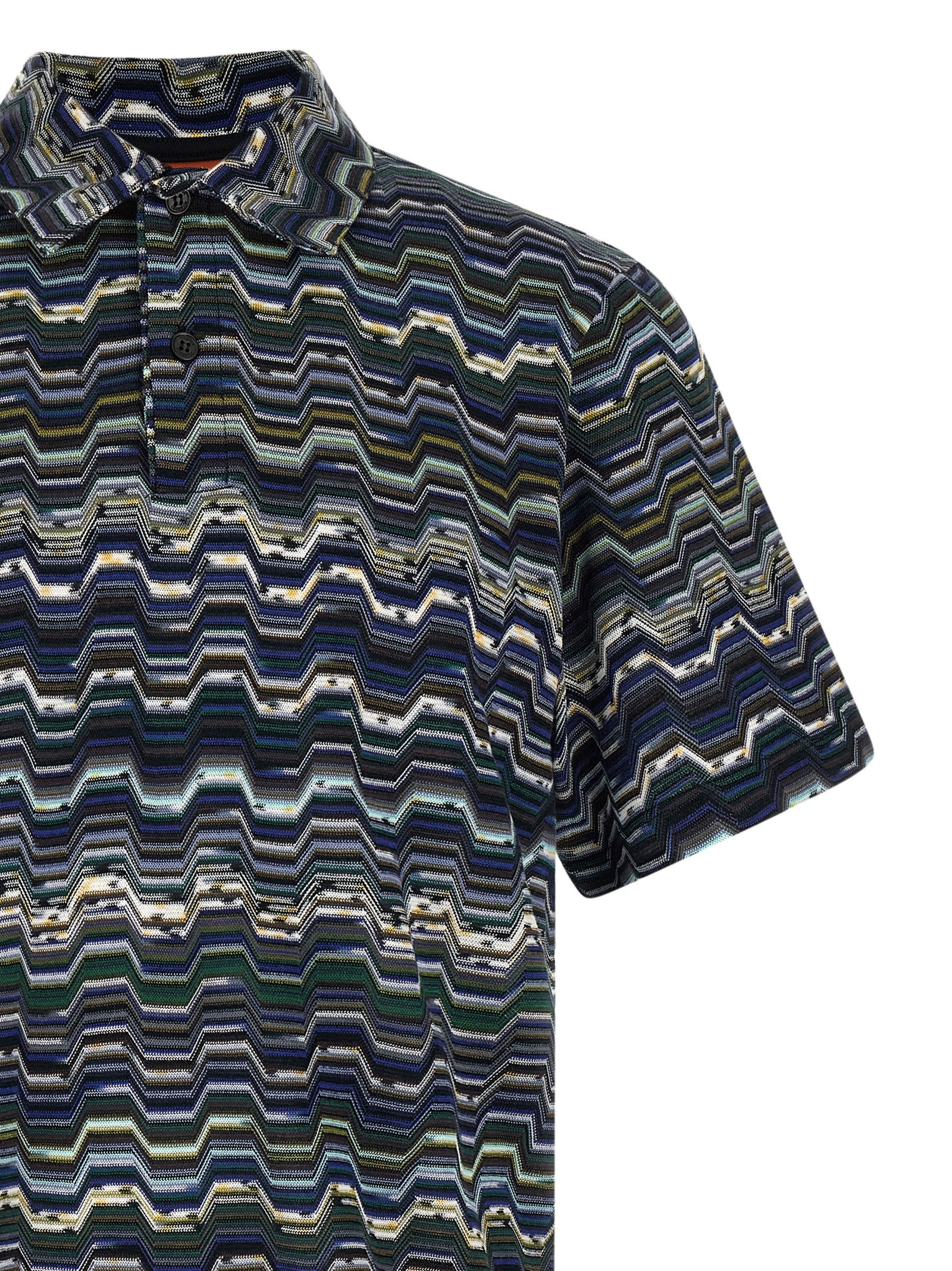 Blue Cotton Zig-Zag Knit Polo Shirt