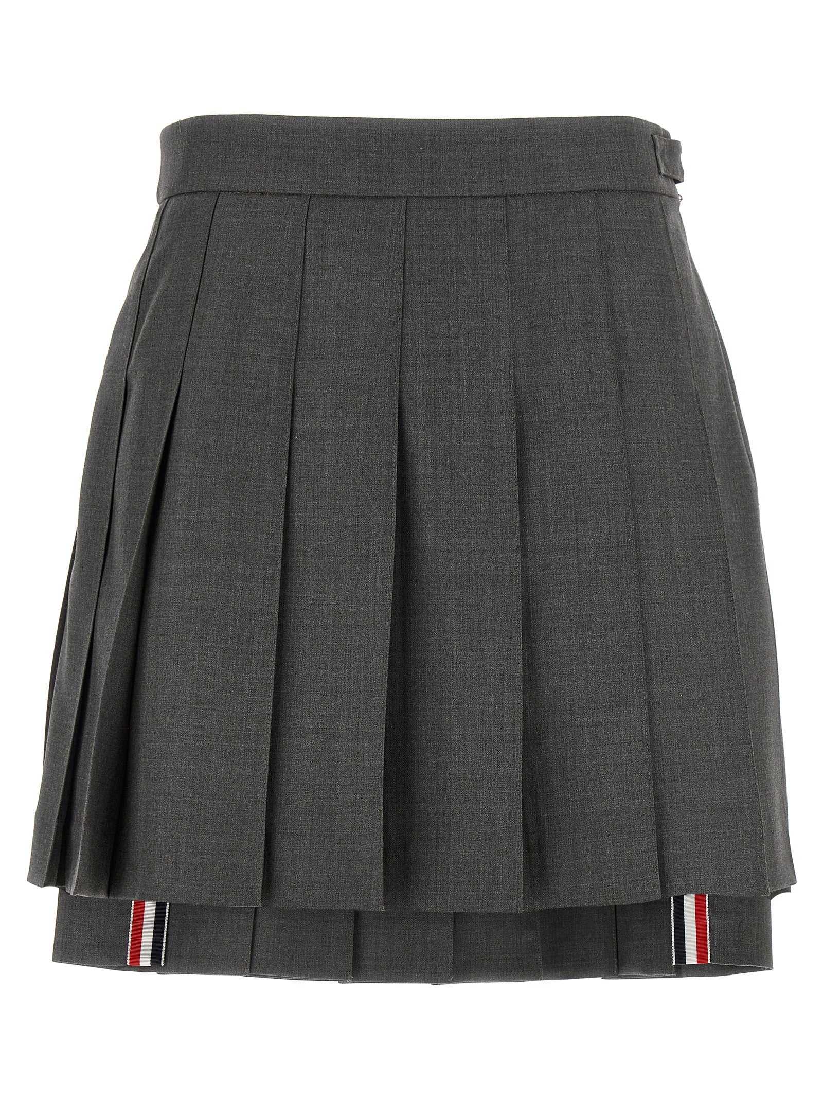 Gray Wool Pleated Skirt with Signature Tricolor Band