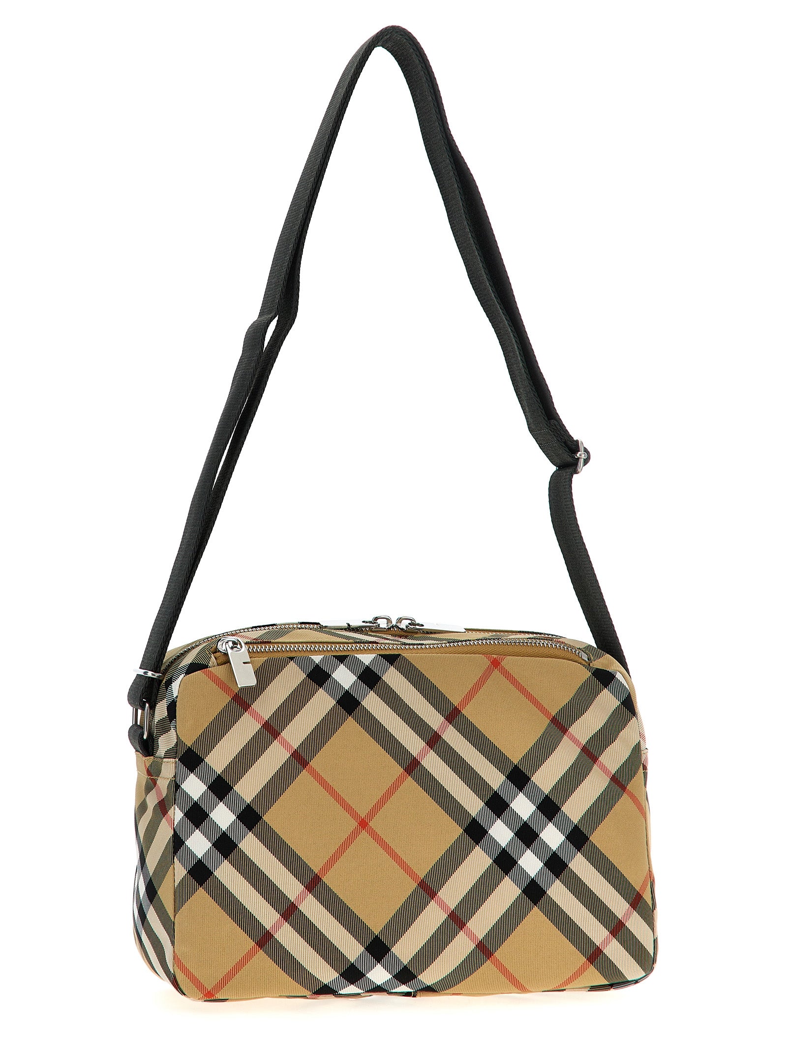 Beige Polyester Crossbody Bag with Check Print