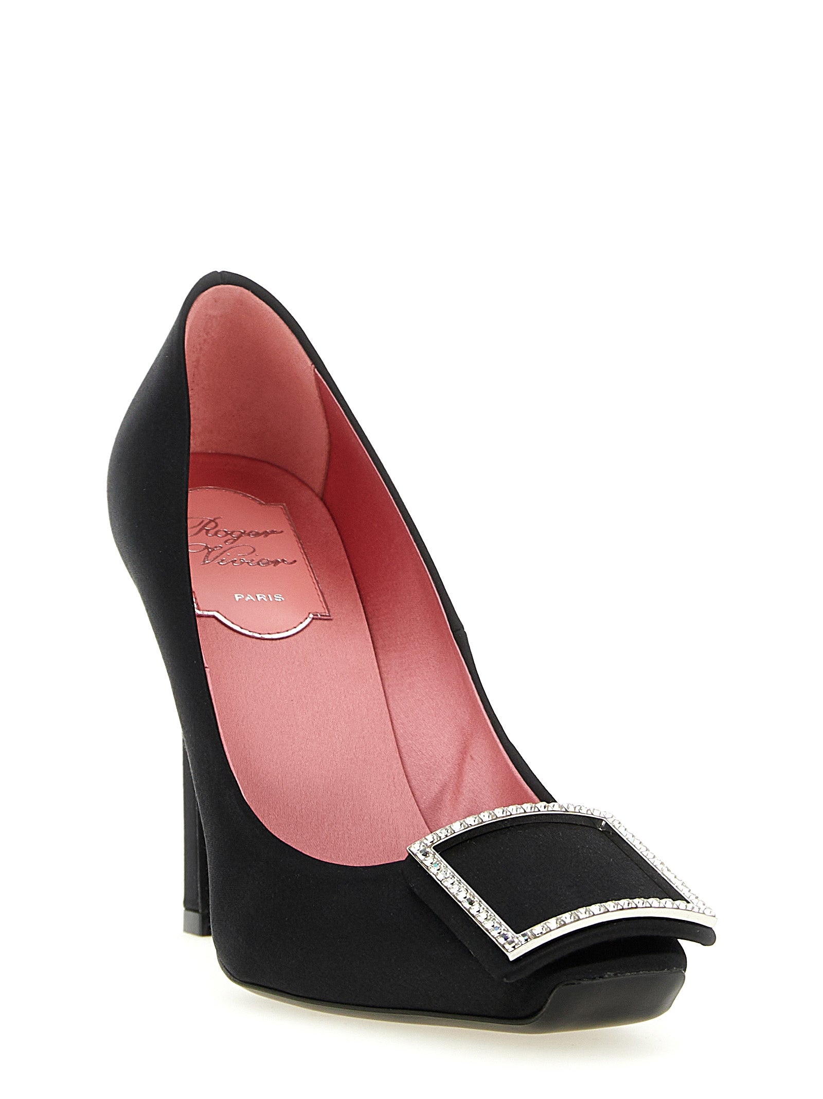 Viscose and Silk Square Toe Pumps with Rhinestone Buckle