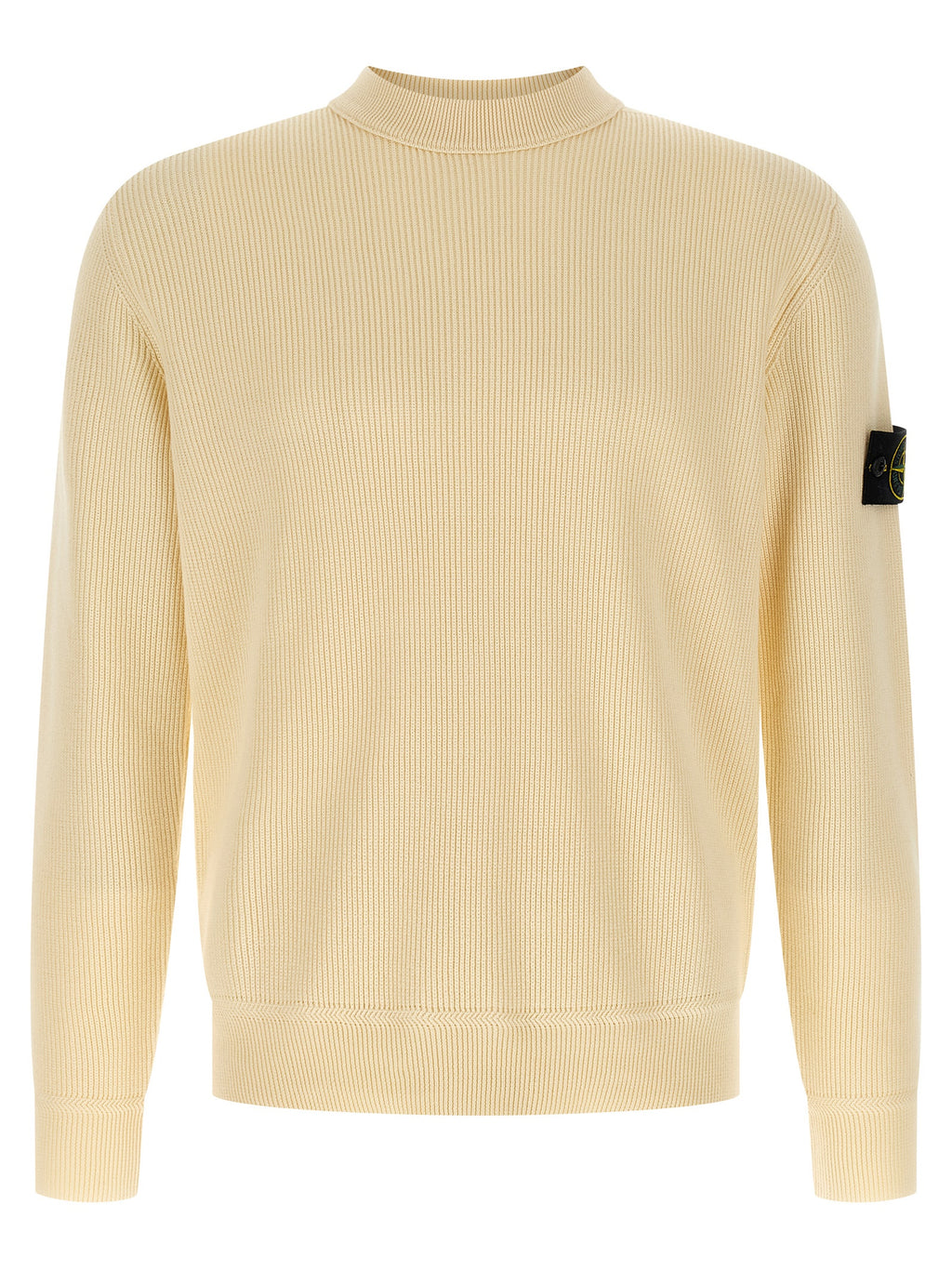 Beige Ribbed Cotton Crewneck Cardigan