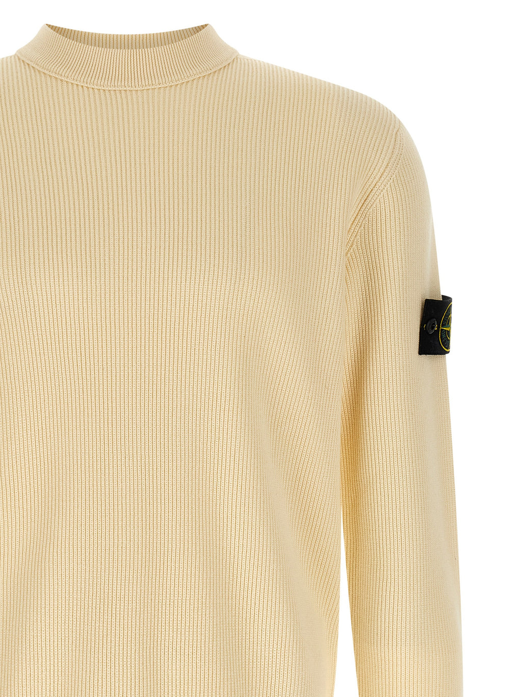 Beige Ribbed Cotton Crewneck Cardigan