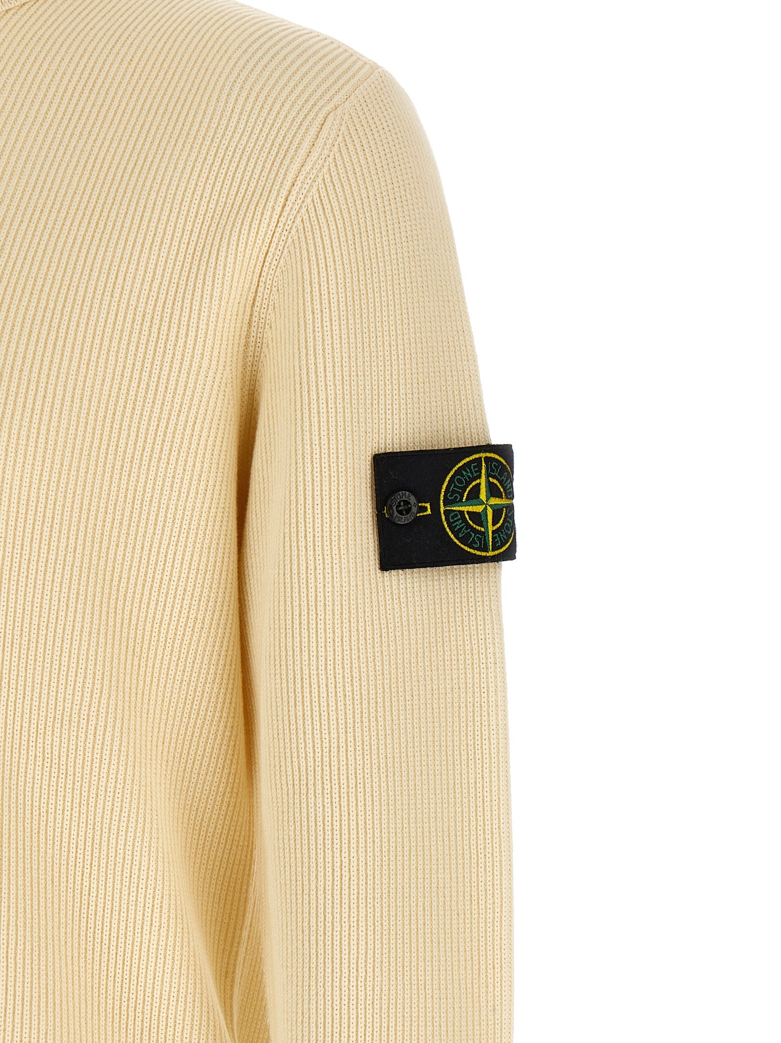Beige Ribbed Cotton Crewneck Cardigan