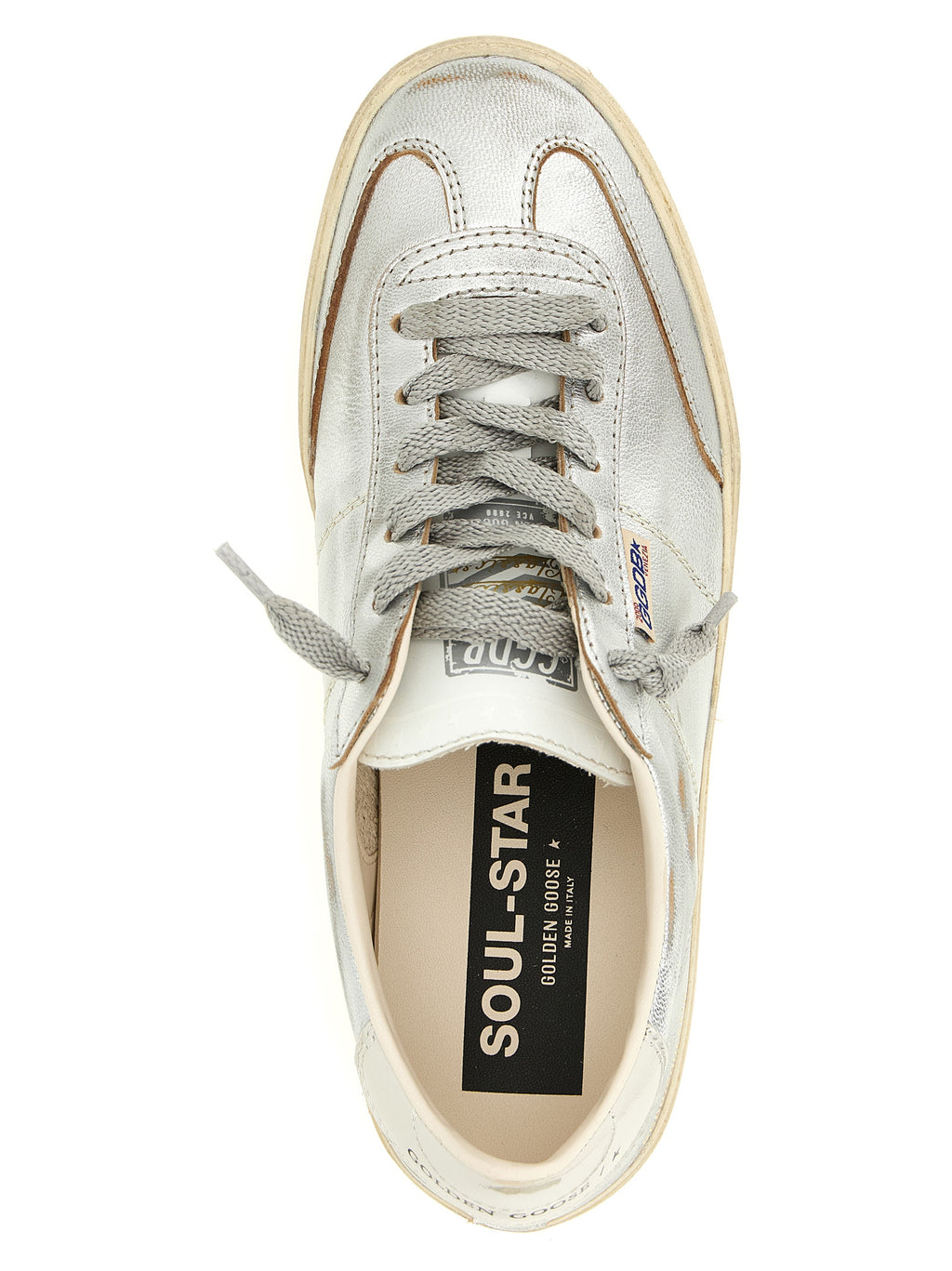Silver Metallic Cow & Goat Leather Low‑Top Sneakers
