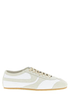 Beige Leather & Suede Low Top Square-Toe Sneakers