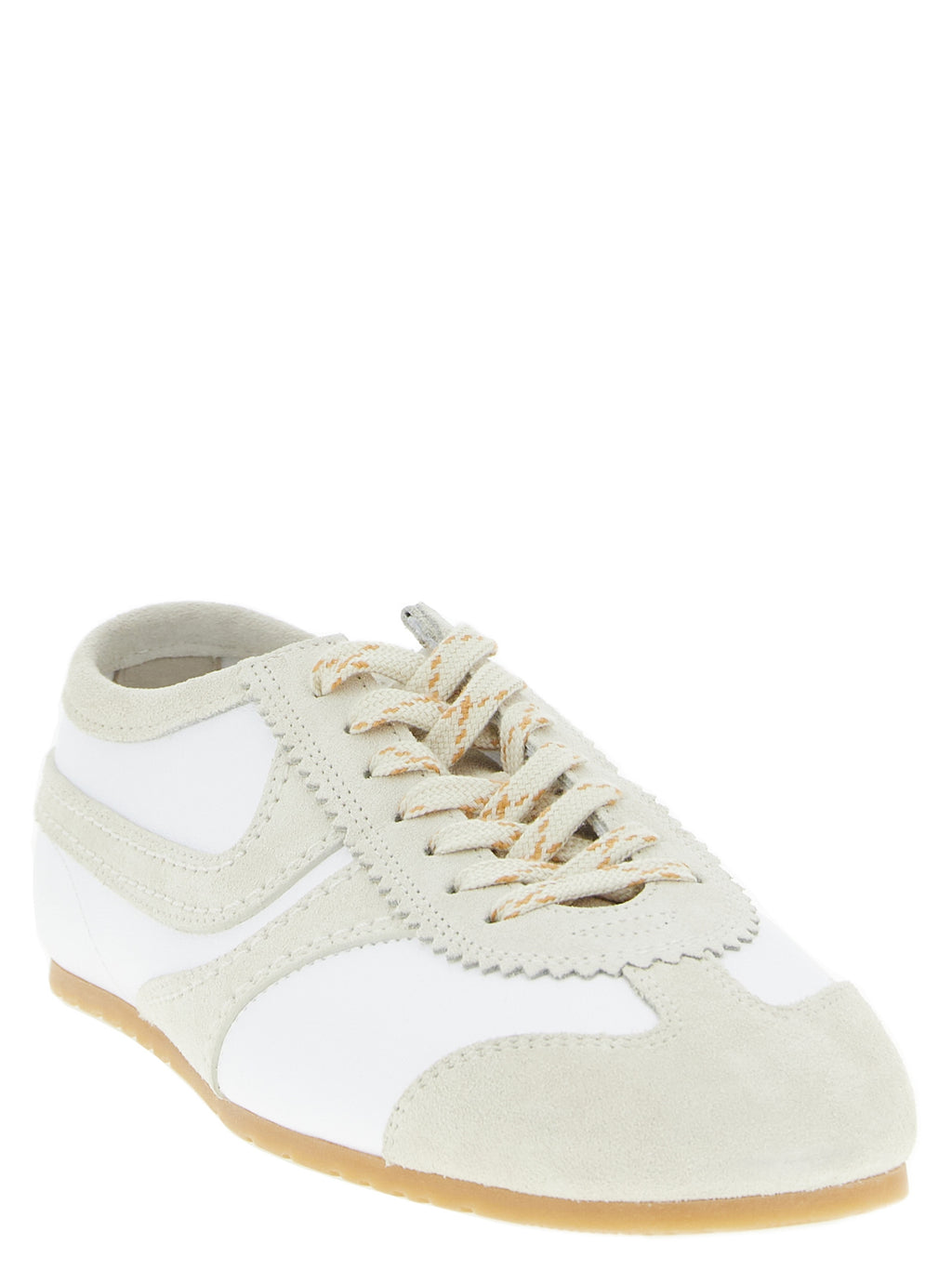 Beige Leather & Suede Low Top Square-Toe Sneakers