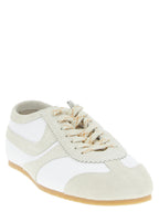 Beige Leather & Suede Low Top Square-Toe Sneakers