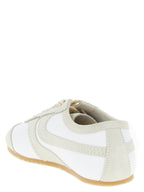 Beige Leather & Suede Low Top Square-Toe Sneakers