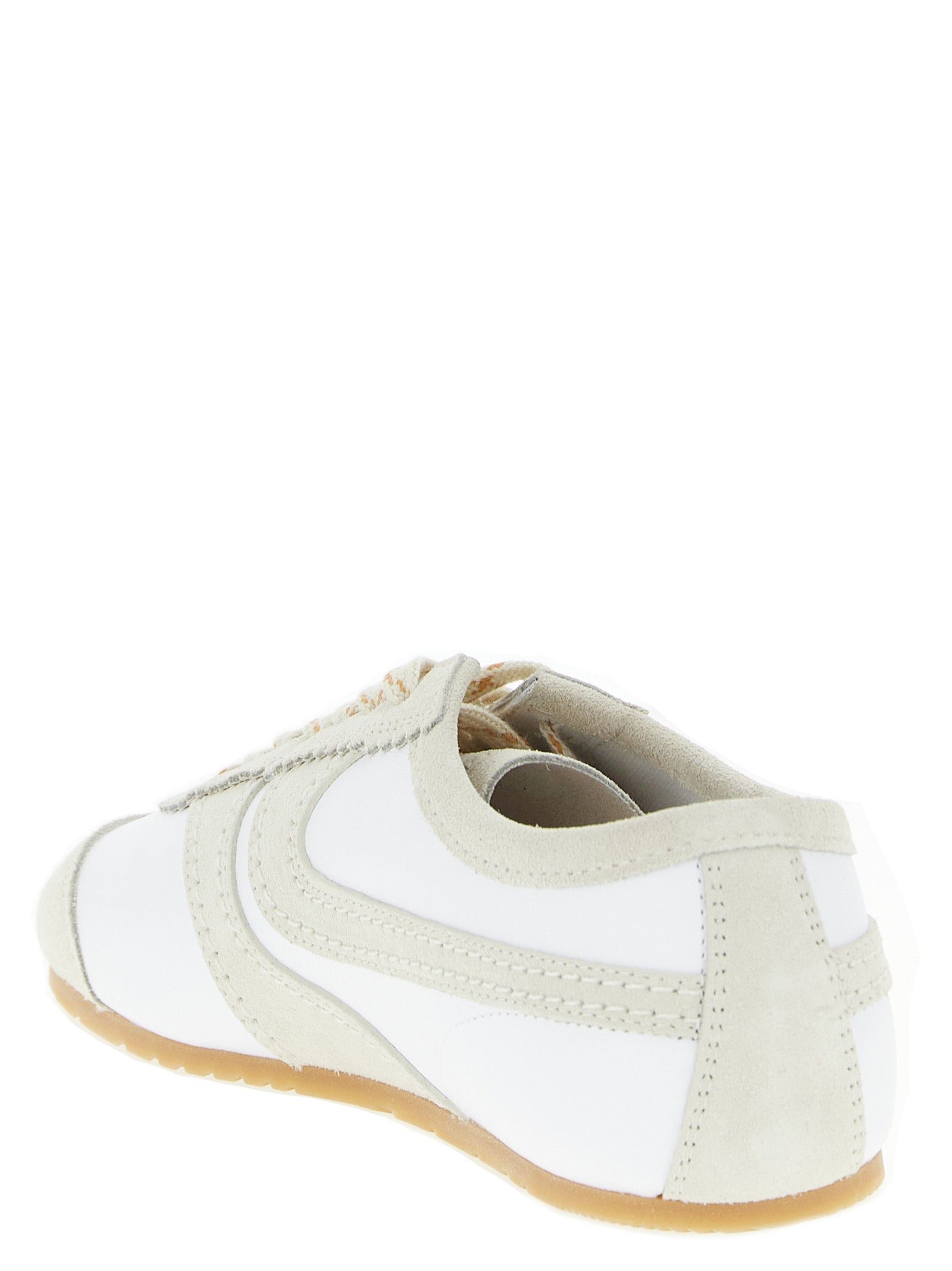 Beige Leather & Suede Low Top Square-Toe Sneakers