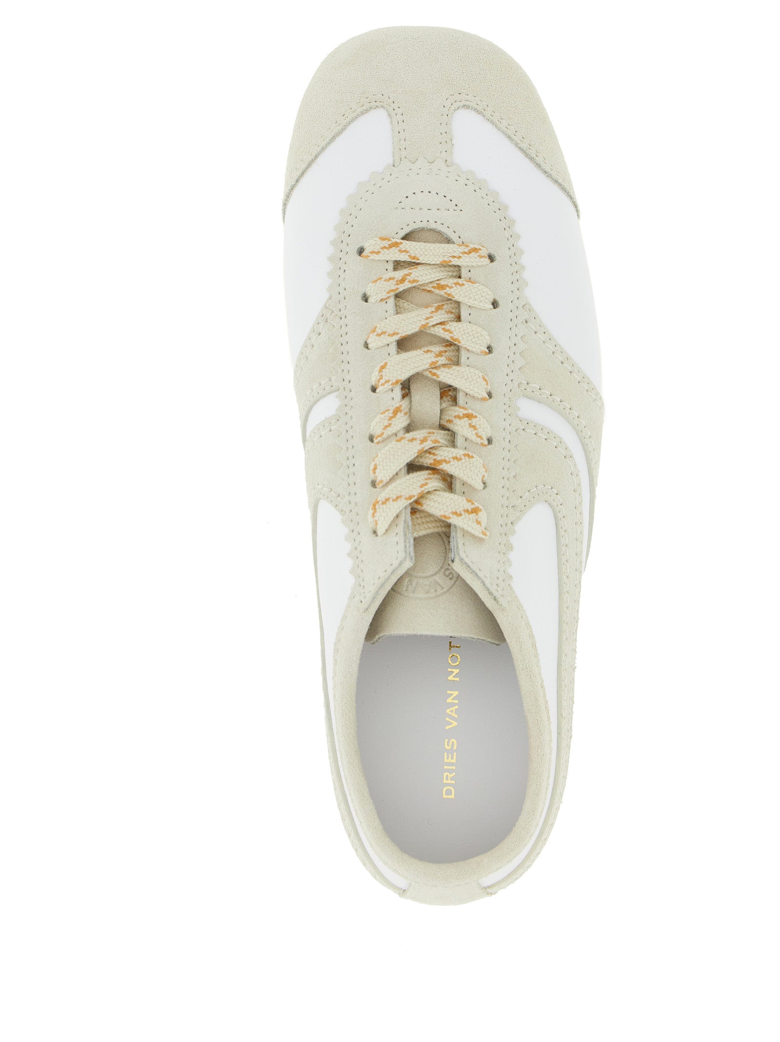 Beige Leather & Suede Low Top Square-Toe Sneakers