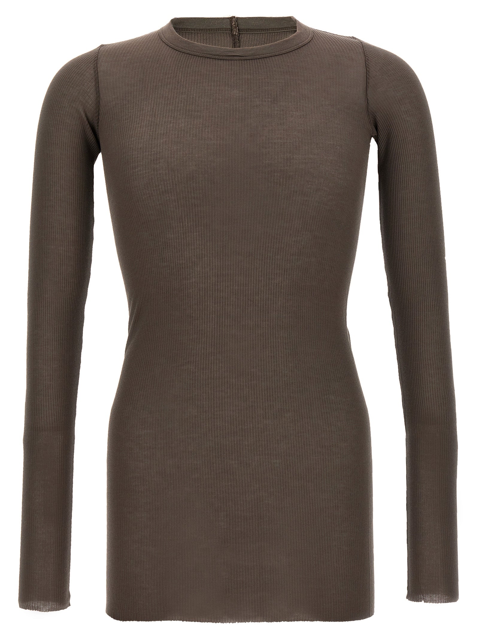 Gray Viscose Silk Blend Ribbed Crew Neck T-Shirt