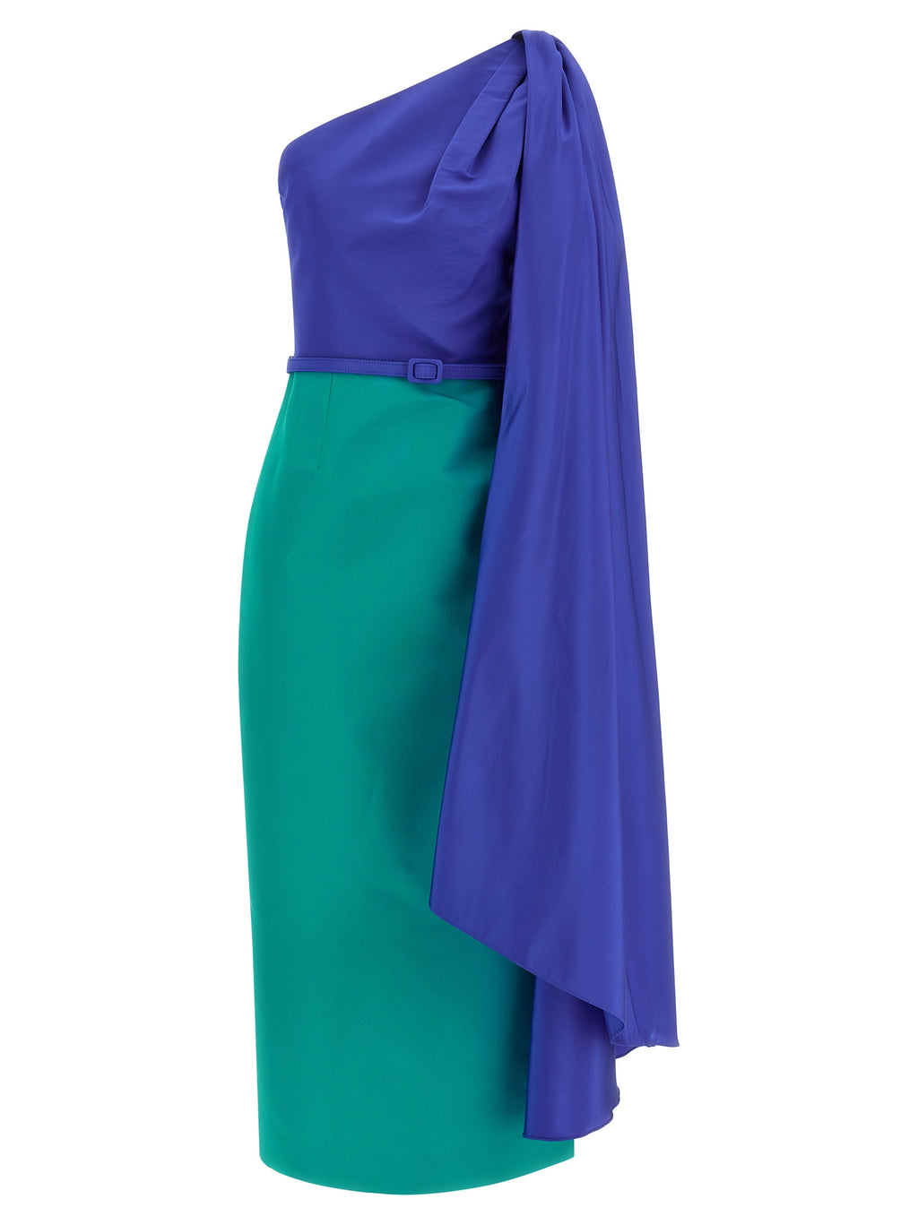 Silk Color Block One-Shoulder Midi Dress