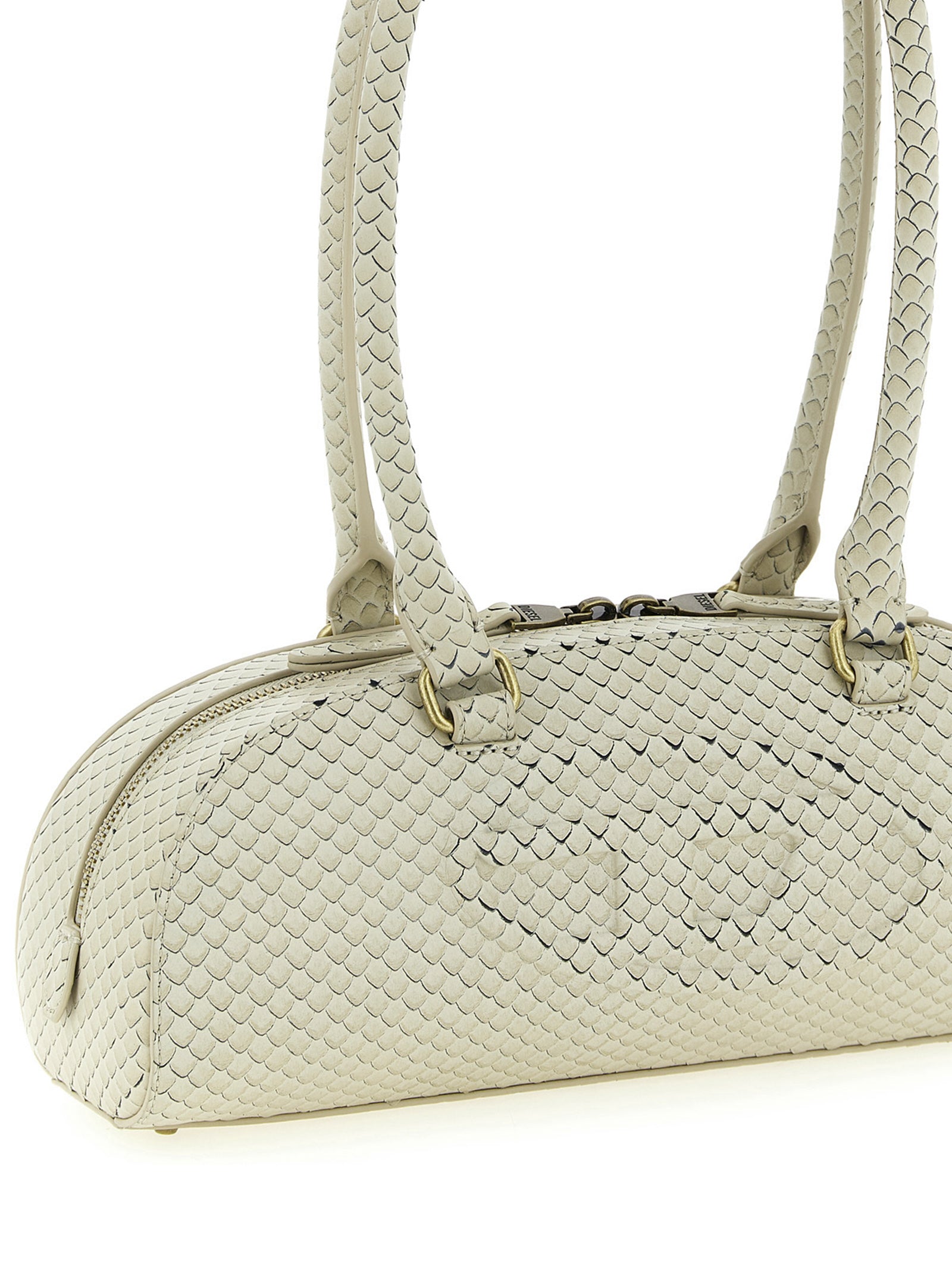 Beige Taipan Embossed Leather Shoulder Bag
