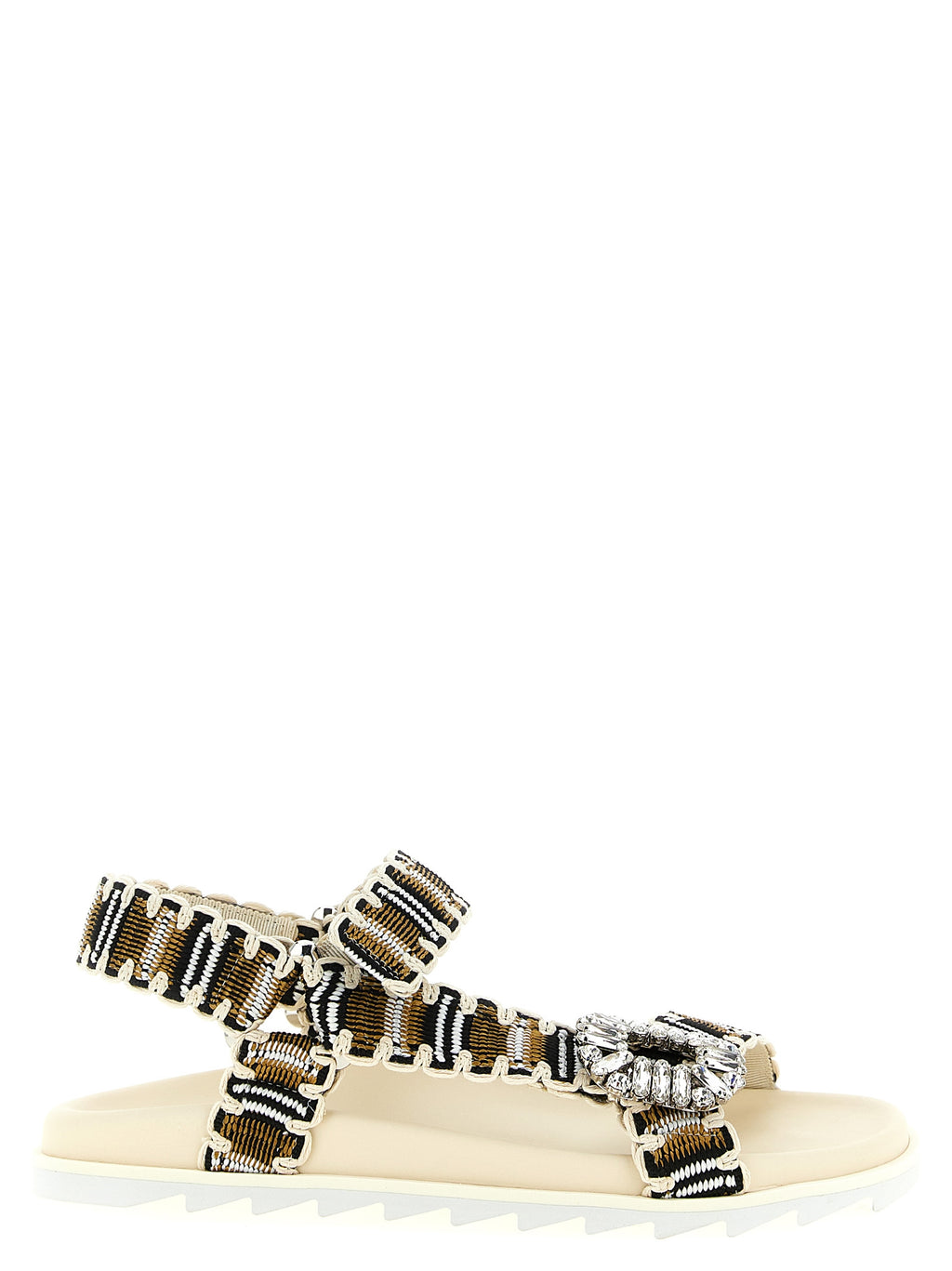 Multicolor Woven Fabric Flats With Crystal Buckle