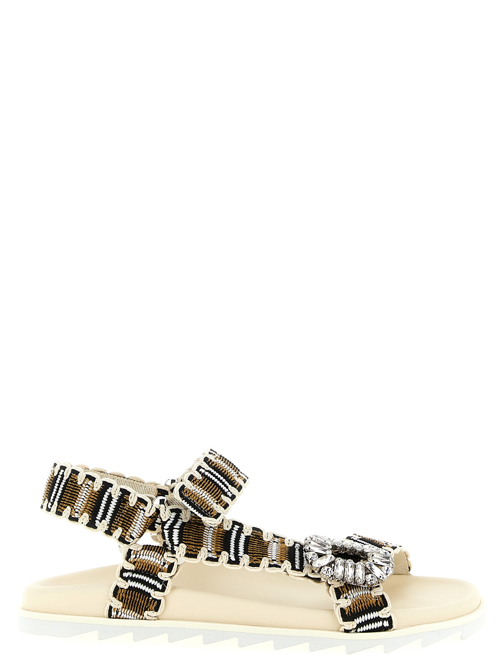 Multicolor Woven Fabric Flats With Crystal Buckle