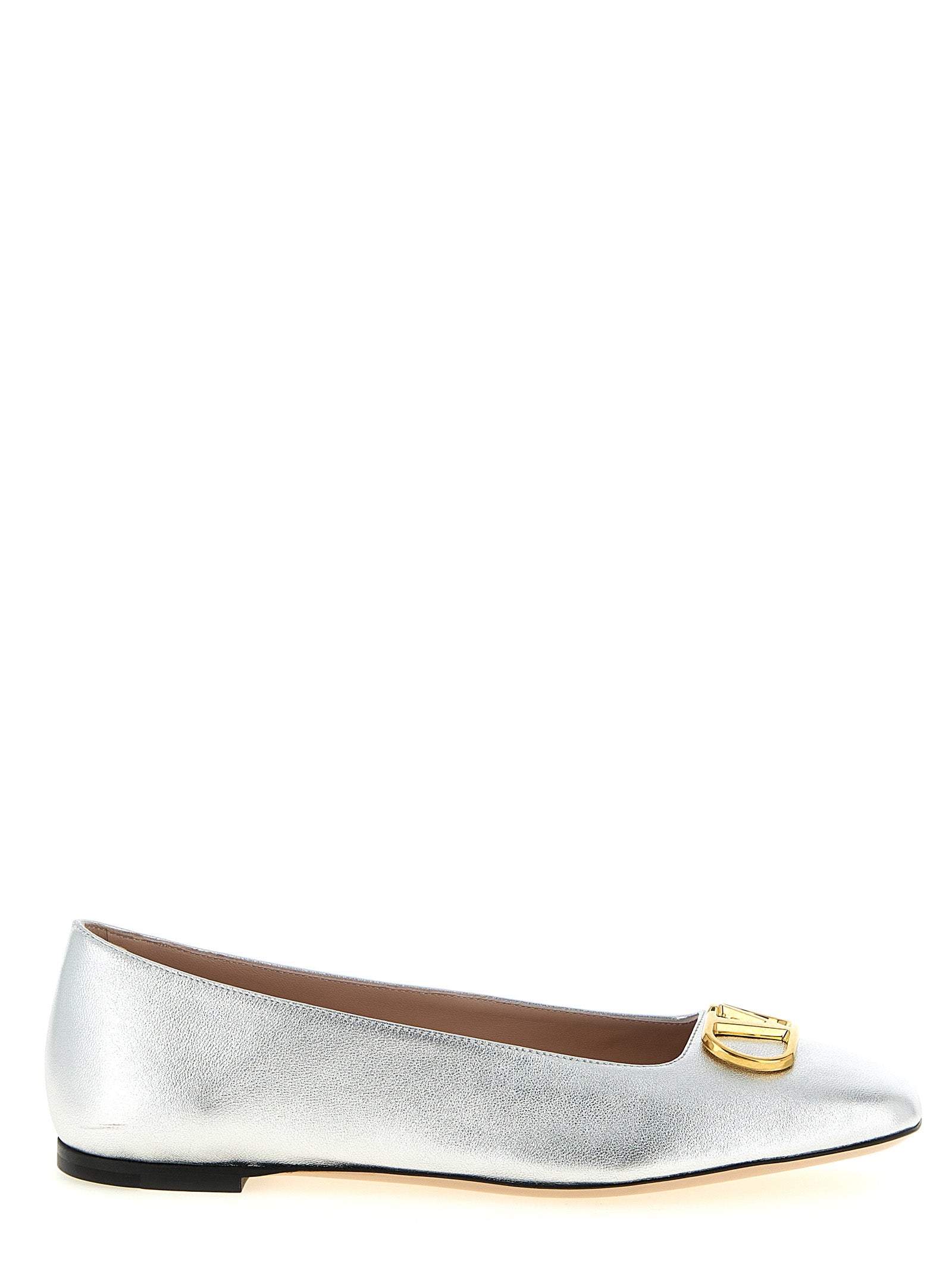 Silver Laminated Lamb Leather Ballet Flats with Square Toe
