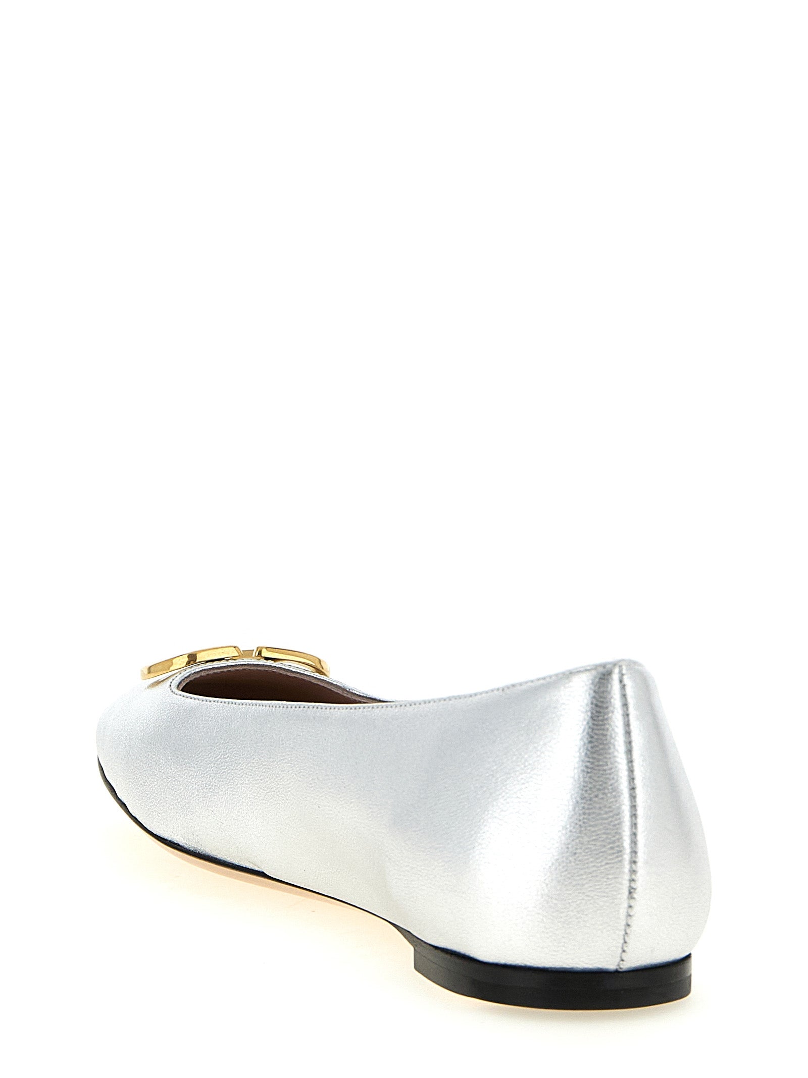 Silver Laminated Lamb Leather Ballet Flats with Square Toe